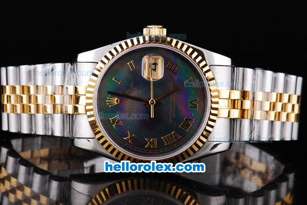 Rolex Datejust Oyster Perpetual Automatic Movement ETA Case Two Tone with Gold Bezel,Black MOP Dial and Gold Roman Marking - Click Image to Close